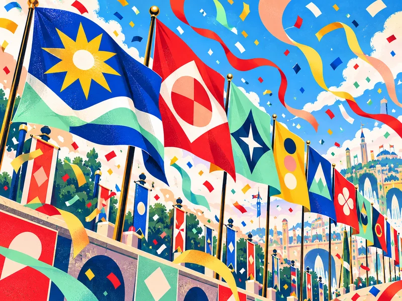 Festival parade of fictional geometric flags with confetti ribbons and a sweeping colorful screen-print perspective.