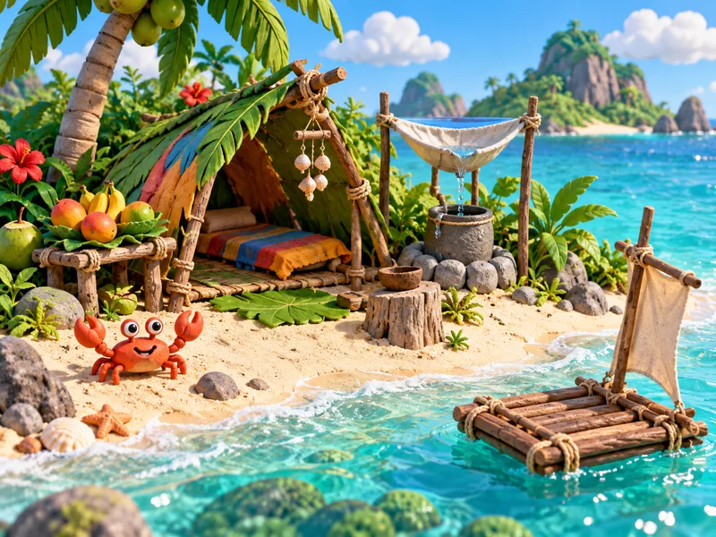 Cheerful clay tropical-island diorama with a colorful shelter fruit water collector tiny raft and friendly crab.