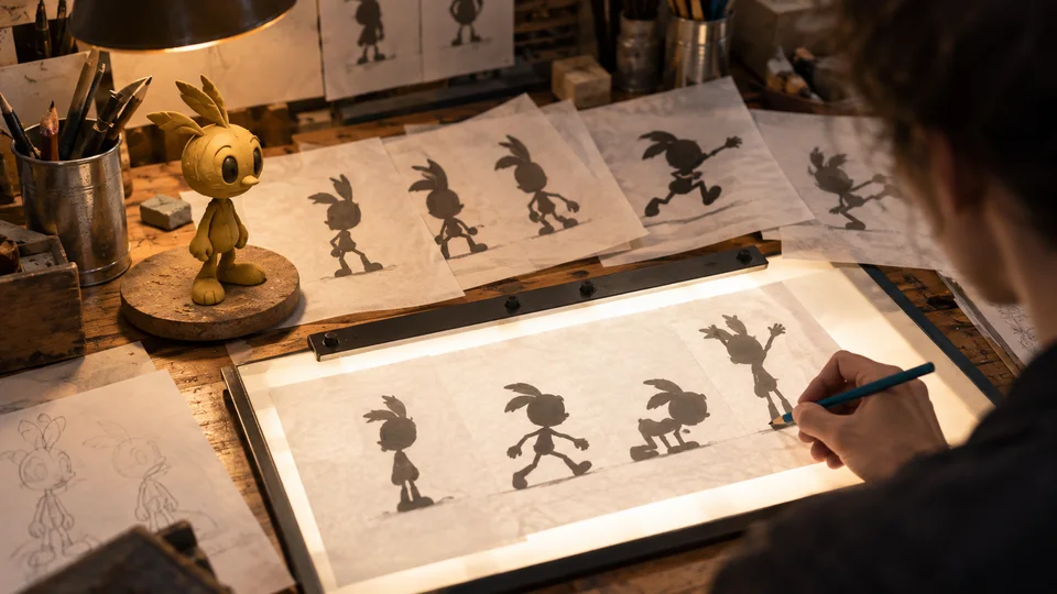 Animator desk with sequential original silhouette studies, pencil-and-paper process scene from an oblique angle.