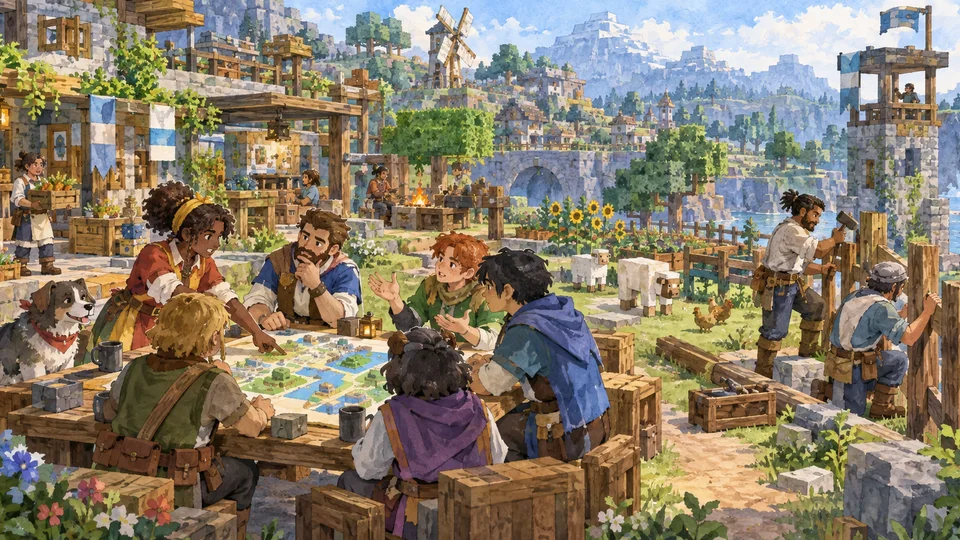 Bustling handmade miniature town meeting, social diorama filled with distinct roles and informal institutions.