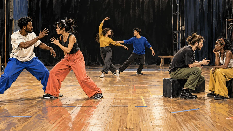 Rehearsal room with an original cast occupying different spatial roles, energetic documentary theatre photography.