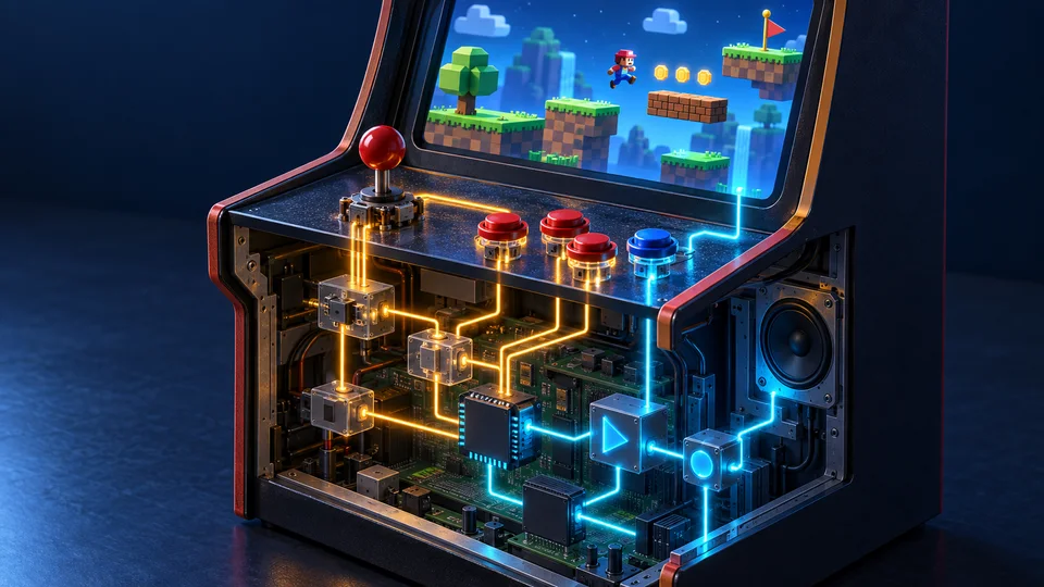 Isometric cutaway arcade cabinet exposing luminous geometric circuitry beneath an abstract playable world.
