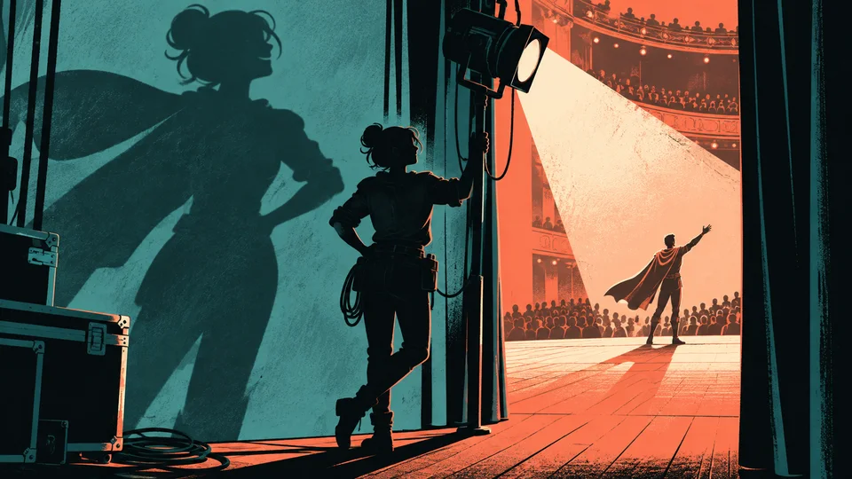 Screen-print theatre wings where a stagehand controls the spotlight and casts the larger heroic shadow.