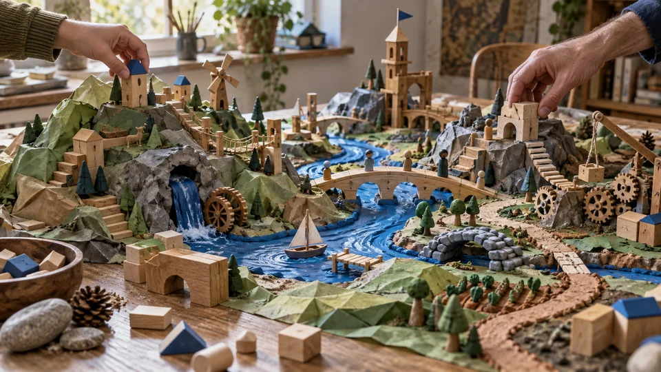 Two hands rearranging a vast tabletop world of paper hills clay rivers blocks and improvised paths.
