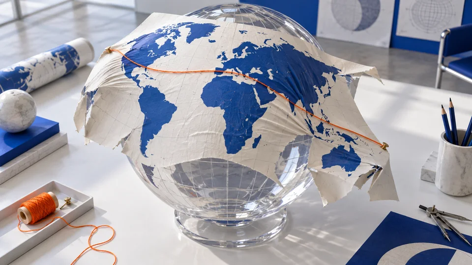 Paper world map stretched over a transparent globe in a clean cartographic studio, conceptual photography.