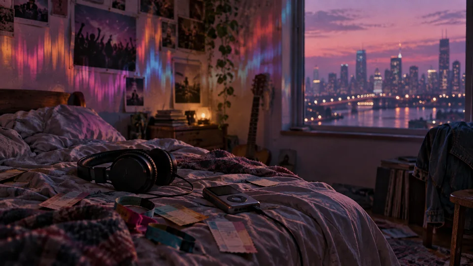 Twilight bedroom with headphones and abstract memorabilia, 35mm film mood and city reflections shaped like sound.