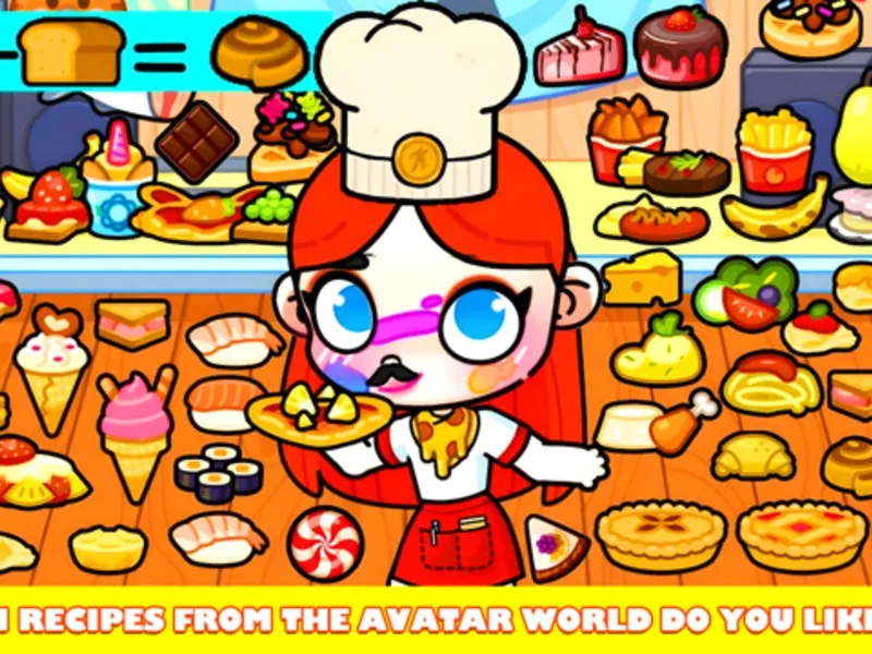 Cartoon chef surrounded by breads, sushi, cakes and other foods