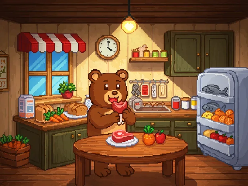 Pixel-art bear preparing food in a warmly lit cafe kitchen