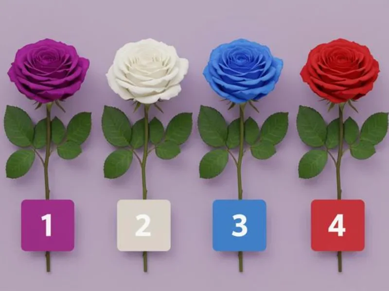 Four roses in purple, white, blue and red arranged as numbered choices