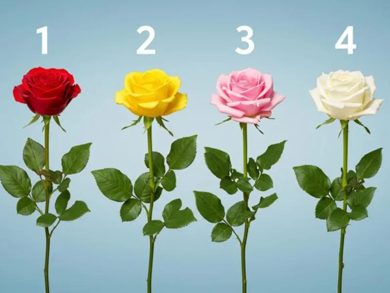 Four numbered roses in red, yellow, pink and white against a blue background